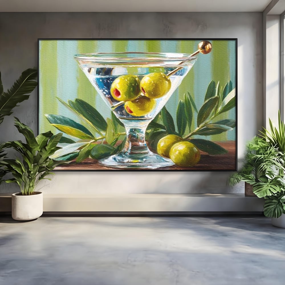 Tablou canvas cu pictura cu pahar martini si masline, in rama de aluminiu negru